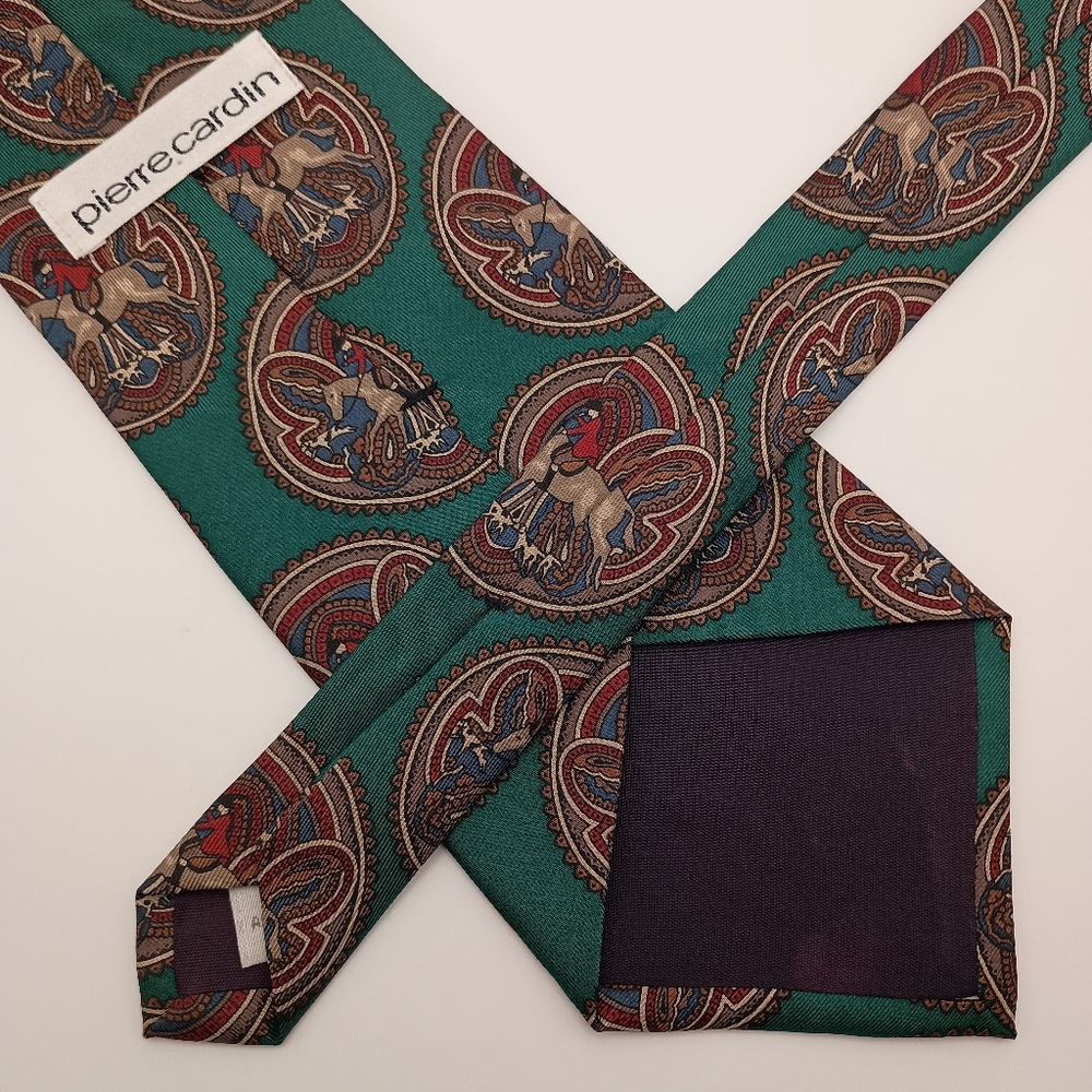 Vintage Pierre Cardin Mens 100% Silk Green Dog Hunting Neck Tie Made In USA - Picture 7 of 11